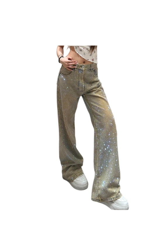 Women Rhinestone Straight Leg Jeans Full Crystal Denim Long Pants