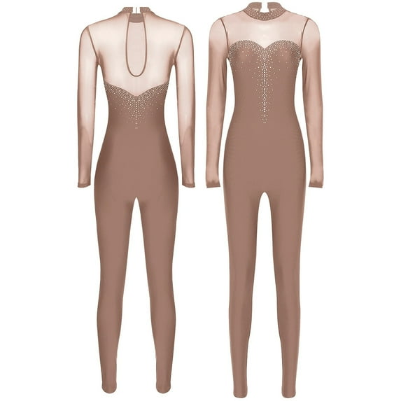 Women Rhinestones Ballet Dance Gymnastics Leotard Jumpsuit Long Sleeve Sport Workout Stage Performance
