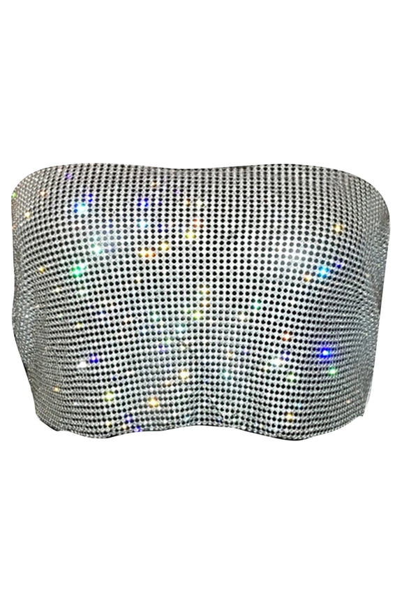 Women Rhinestones Fishnets Strapless Backless Crop Top Adjustable Tie Back Nightclub Tube Top Camisole Body Jewelry