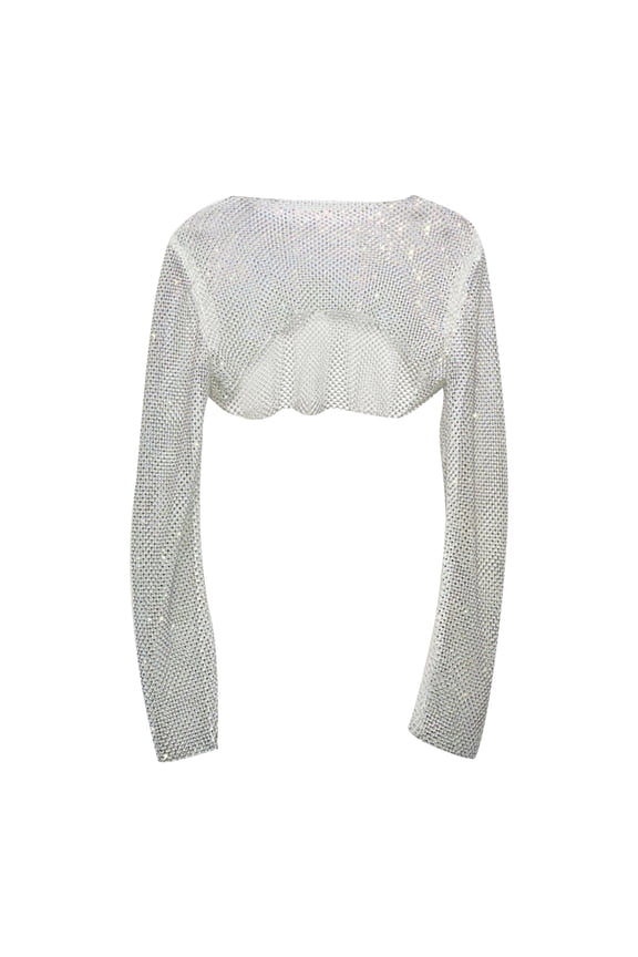 Women Rhinestones Mesh Long Sleeve Crewneck Crop Top See Through Jewelry Bikini Cover Up Rave Party Clubwear