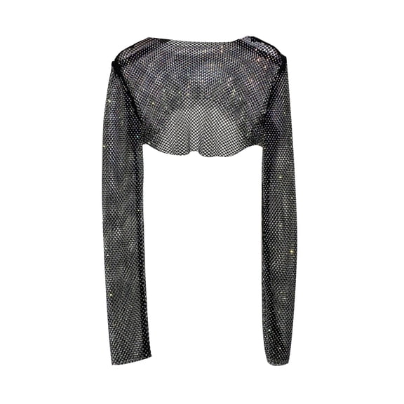 Women Rhinestones Mesh Long Sleeve Crewneck Crop Top See Through Jewelry Bikini Cover Up Rave Party Clubwear
