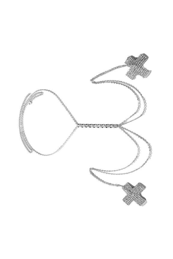 Women Rhinestones Nipple Cover Pasties with Chest Chain Crosses Breast Sticker Crystal Necklace Body Jewelry Festival Bra