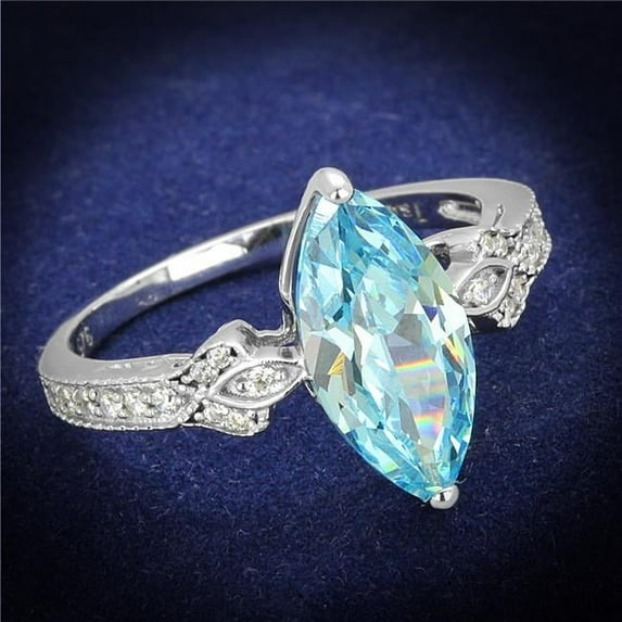 Women Rhodium 925 Sterling Silver Ring with AAA Grade CZ in Sea Blue - Size 6