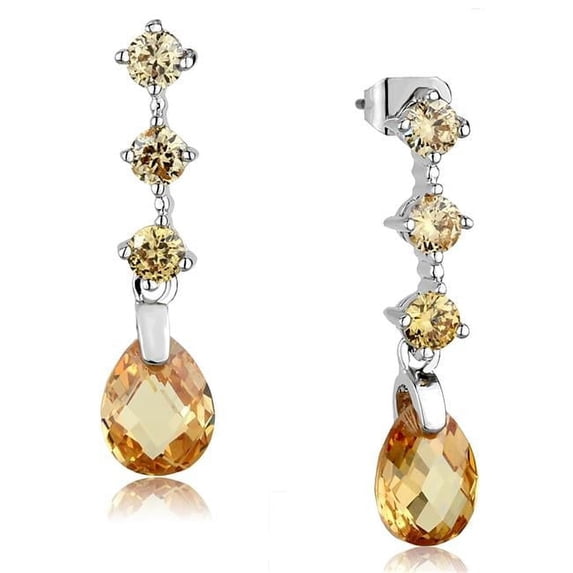 Women Rhodium Brass Earrings with AAA Grade CZ in Champagne