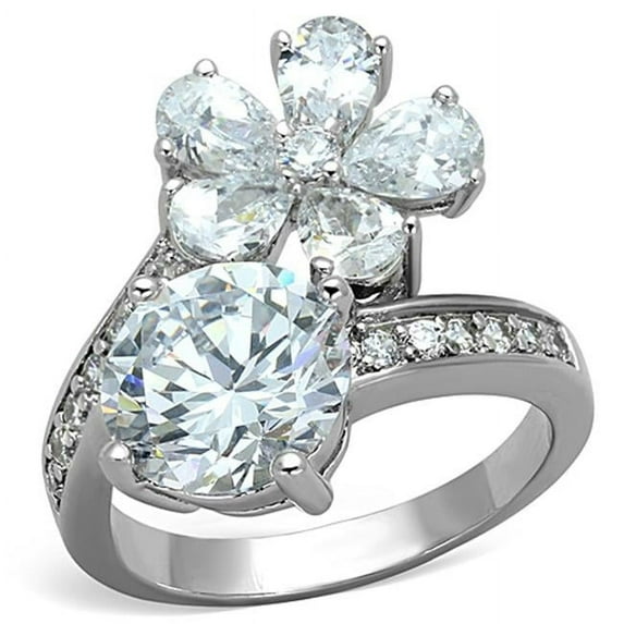 Women Rhodium Brass Ring with AAA Grade CZ in Clear - Size 5