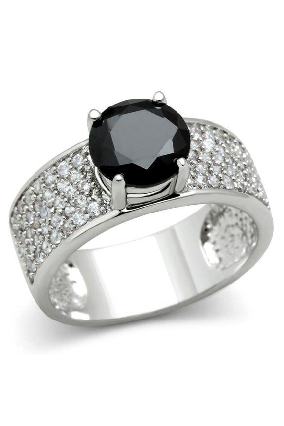 Women Rhodium Brass Ring with AAA Grade CZ in Jet - Size 6