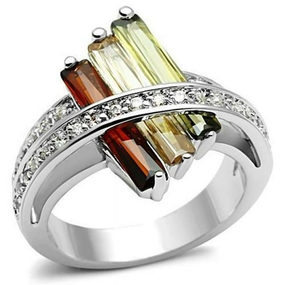 Women Rhodium Brass Ring with AAA Grade CZ in Multi Color - Size 5