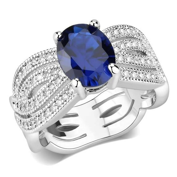 Women Rhodium Brass Ring with Synthetic in London Blue - Size 9