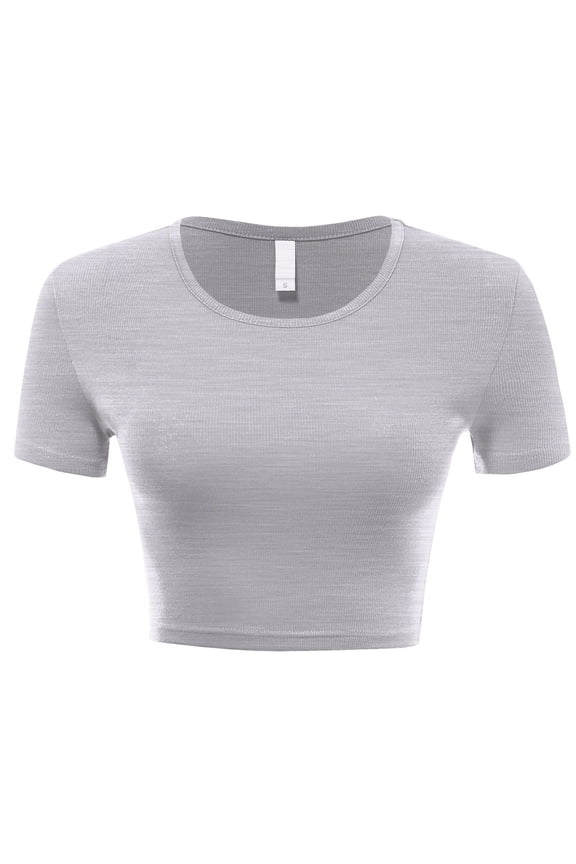 Women Rib Casual Slim Fit Short Sleeve Crew Neck Basic Crop T Shirt Top