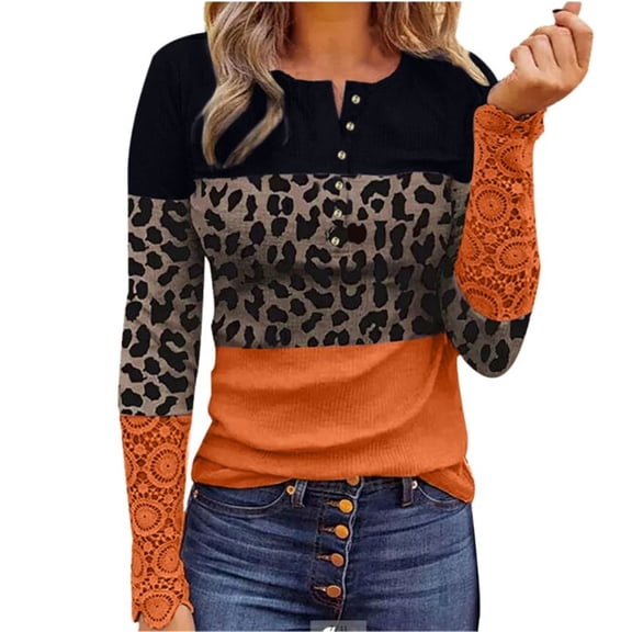 Women Rib Knit Lace Trim Long Sleeve Top Crewneck Button Down Leopard T-Shirts