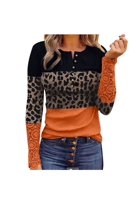 Women Rib Knit Lace Trim Long Sleeve Top Crewneck Button Down Leopard T-Shirts