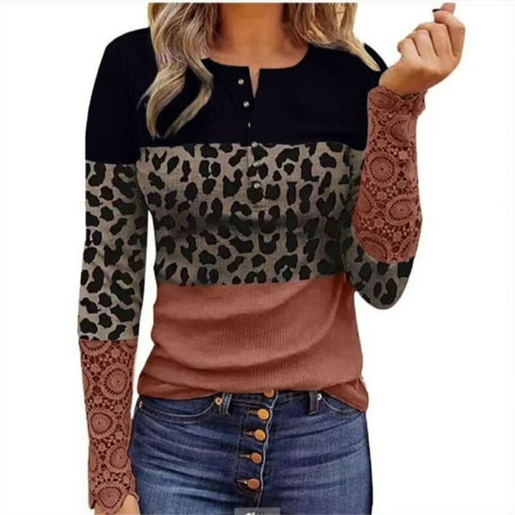 Women Rib Knit Lace Trim Long Sleeve Top Crewneck Button Down Leopard T-Shirts