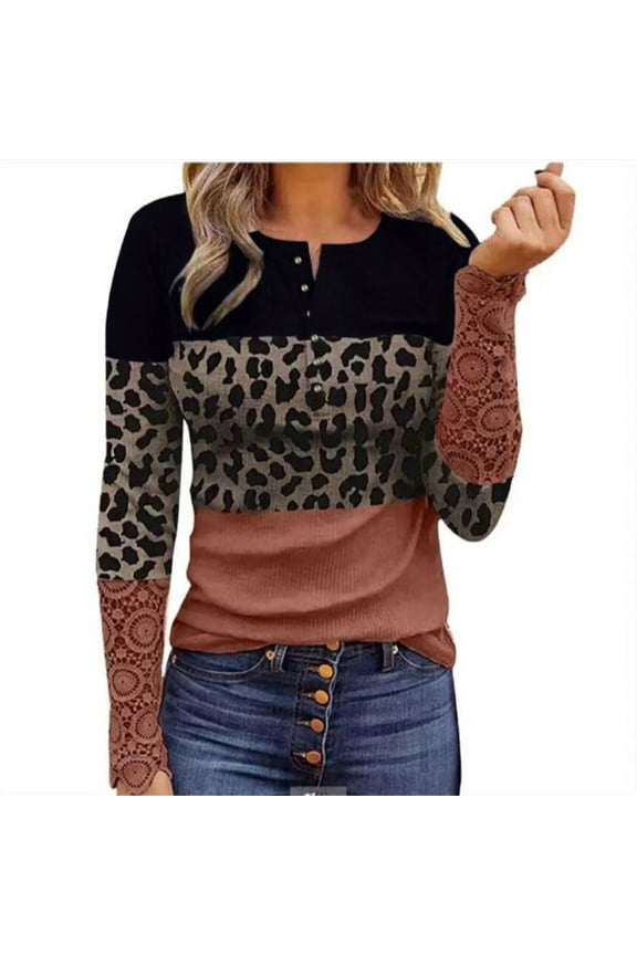 Women Rib Knit Lace Trim Long Sleeve Top Crewneck Button Down Leopard T-Shirts