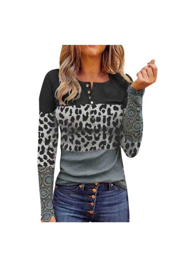 Women Rib Knit Lace Trim Long Sleeve Top Crewneck Button Down Leopard T-Shirts