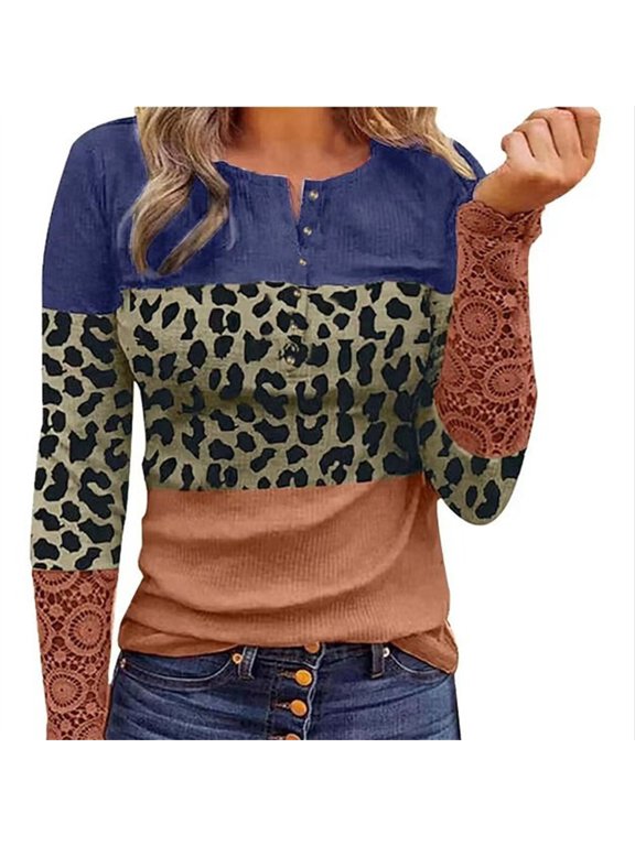 Women Rib Knit Lace Trim Long Sleeve Top Crewneck Button Down Leopard T-Shirts
