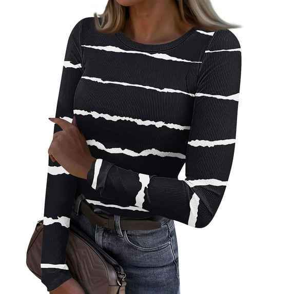 Women Rib Knit Long Sleeve Fall Shirts Vintage Floral Print Slim Fit Basic Tees Going Out Tops