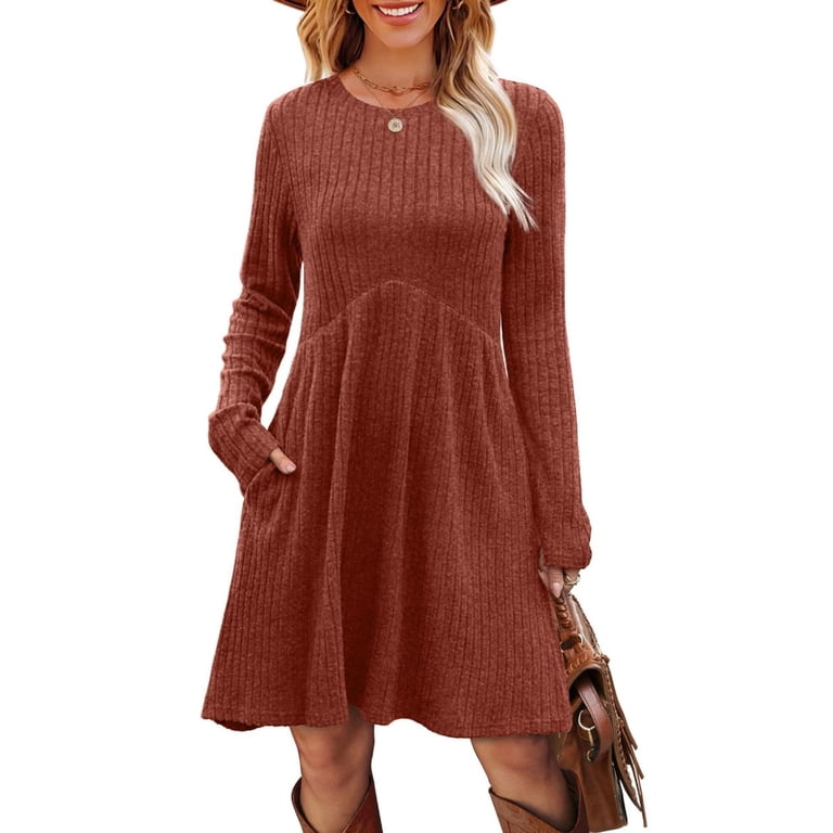 Women Rib-Knit Sweater Dress for Spring & Autumn - Round Neck, A-Line Midi  Umbrella Skirt, Regular Sleeves, Chocolate, S-3XL - Walmart.com