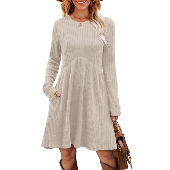 Women Rib-Knit Sweater Dress for Spring & Autumn - Round Neck, A-Line Midi Umbrella Skirt, Regular Sleeves, Off-White, S-3XL
