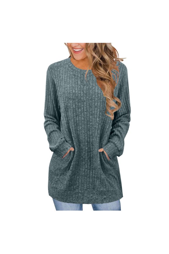 Women Rib Knit Sweaters Long Sleeve Lightweight Jumper Shirts Crewneck Pullover Tops 2026 Fashion Spring Fall Clothes Solid Color Casual Tunics Sweater Loose Fit Comfy Warm Blouses with Pockets