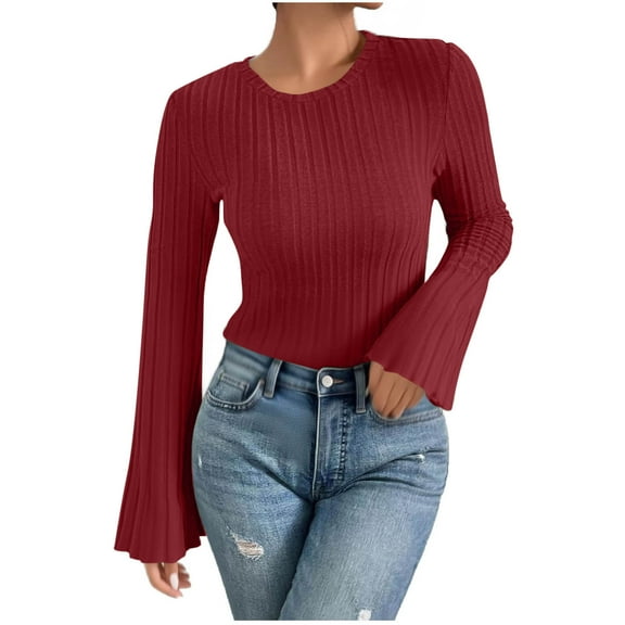 Women Rib-Knit Tops Slim Fitted Long Bell Sleeve Crew Neck Base Sweaters Solid Color Casual Fashion Fall Clothes (S, Wine)