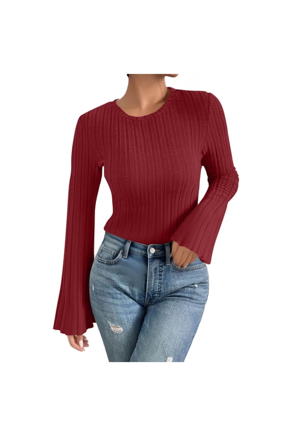 Women Rib-Knit Tops Slim Fitted Long Bell Sleeve Crew Neck Base Sweaters Solid Color Casual Fashion Fall Clothes (S, Wine)