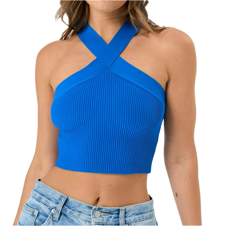 Women Rib Knitted Halter Neck Crop Top Crisscross Sleeveless Cropped Tank  Top Backless Solid Cami Vest Top 
