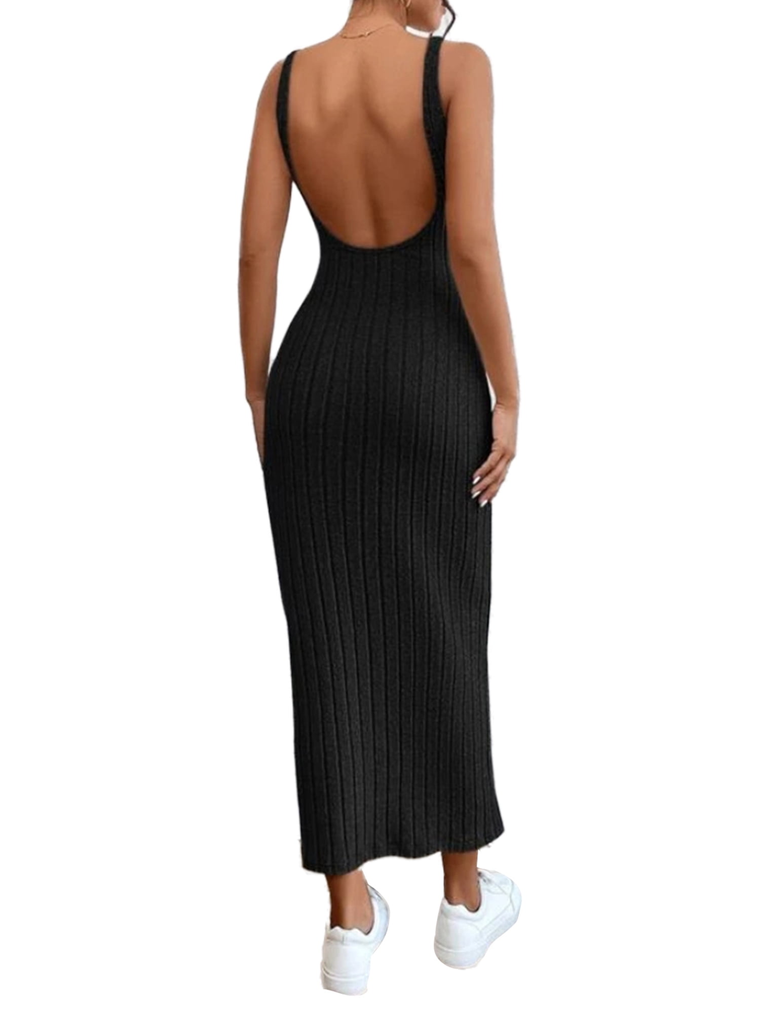 Women Ribbed Backless Maxi Dress Sleeveless Slim Fit Summer Tank Dress  Cocktail Long Dress - Walmart.com