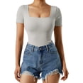 thumbnail image 1 of Women Ribbed Bodysuit Short Sleeve Square Neck Body Suit Tops, 1 of 3