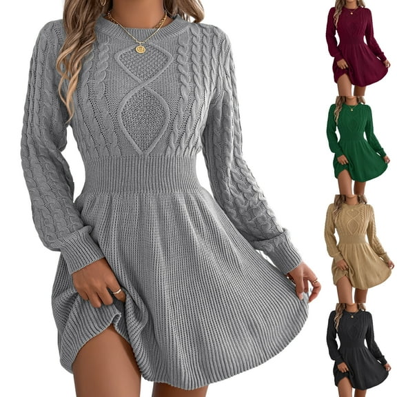 Women Ribbed Cable Knit A-Line Midi Sweater Dress - Round Neck, Lantern Sleeves, Burgundy/Gray/Black, Sizes S-XL