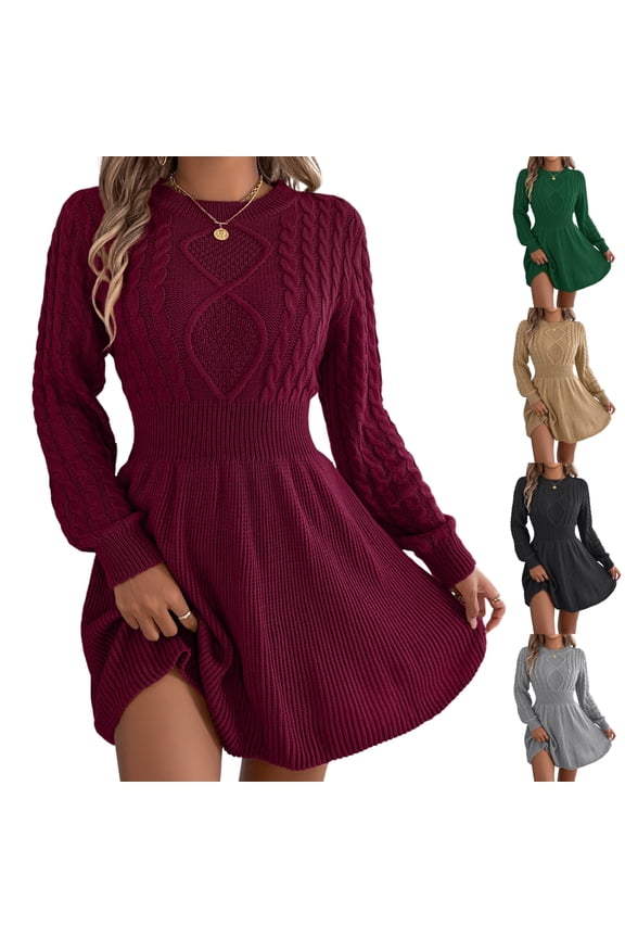 Women Ribbed Cable Knit A-Line Midi Sweater Dress - Round Neck, Lantern Sleeves, Burgundy/Gray/Black, Sizes S-XL