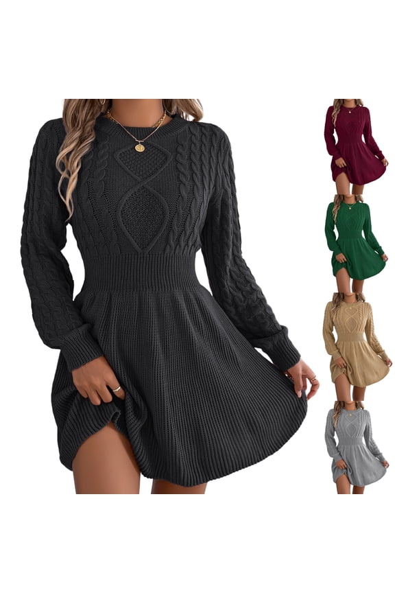 Women Ribbed Cable Knit A-Line Midi Sweater Dress - Round Neck, Lantern Sleeves, Burgundy/Gray/Black, Sizes S-XL