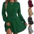 thumbnail image 1 of Women Ribbed Cable Knit Sweater A-Line Midi Dress - Round Neck, Lantern Sleeves, Green,XL, 1 of 8