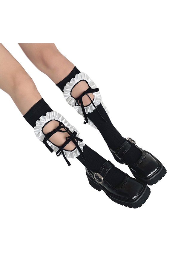 Women Ribbed Calf Socks Lolita Hollow Out Hole Ruffled Lace-Up Bow Stockings