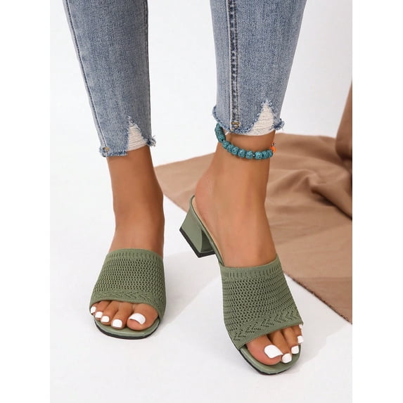 Women Ribbed Chunky Heeled Sandals Fashion Green Fabric Mule Sandals