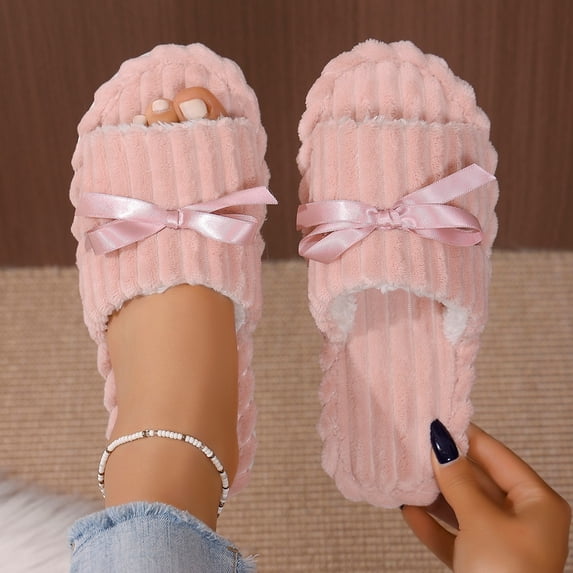 Women Ribbed Fleece Satin Bow Open Toe Slide Slippers Pink 9-9.5