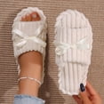 thumbnail image 1 of Women Ribbed Fleece Satin Bow Open Toe Slide Slippers White 9-9.5, 1 of 9