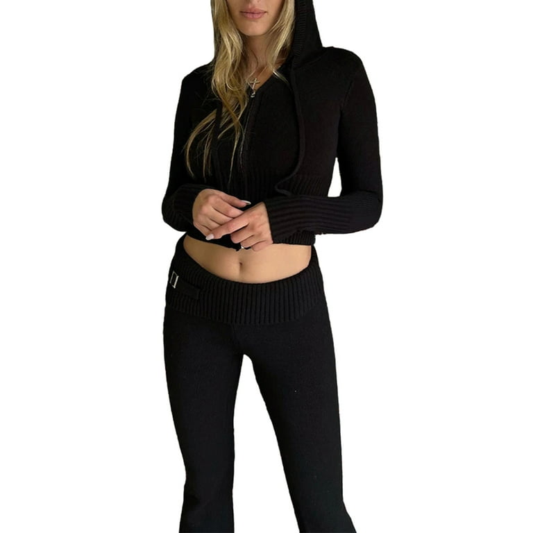 Women Ribbed Knit 2 Piece Outfits Long Sleeve Zip Up Hooded High Waist Wide  Leg Skinny Pants Set Loungewear