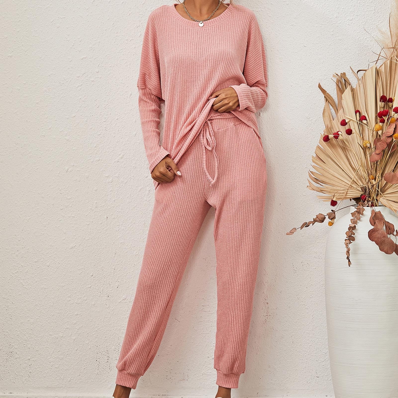 Women Ribbed Knit 2 Piece Outfits for Fall Winter Casual Long Sleeve  Sweater Top and Drawstring Jogger Pant Sets (X-Large, Pink)