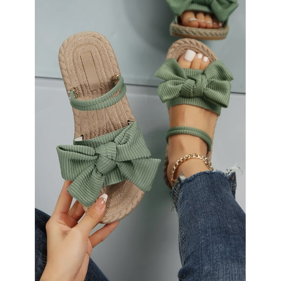 Women Ribbed Knit Bow Espadrille Open Toe Slide Sandals Vacation Outdoor Polyester Flat Sandals