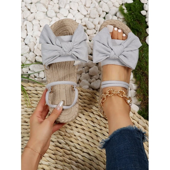 Women Ribbed Knit Bow Espadrille Open Toe Slide Sandals Vacation Outdoor Polyester Flat Sandals