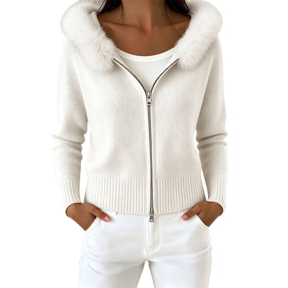 Women Ribbed Knit Cardigan Faux Fur Collar Cuff Slim Long Sleeve Sweater