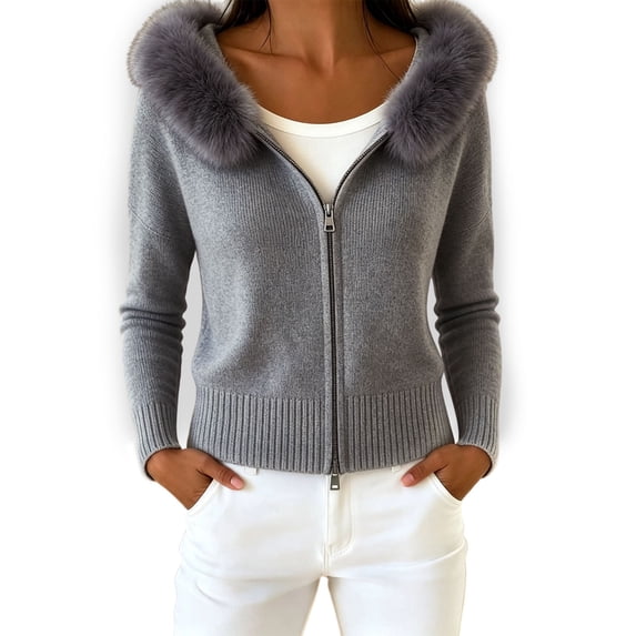 Women Ribbed Knit Cardigan Faux Fur Collar Cuff Slim Long Sleeve Sweater