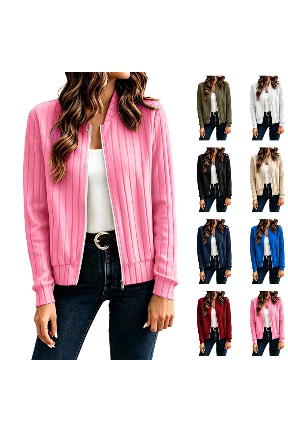 Women Ribbed Knit Cardigan Jacket Vertical Rib Knit Zip Cardigan Long Sleeve Crew Neck Cropped Knit Sweater Jacket S