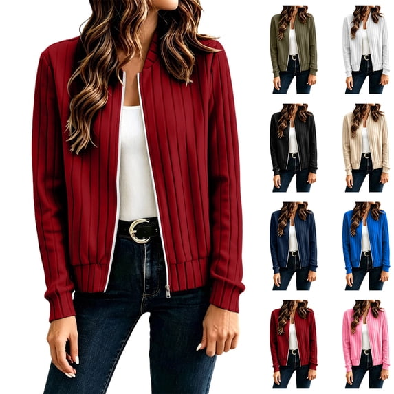 Women Ribbed Knit Cardigan Jacket Vertical Rib Knit Zip Cardigan Long Sleeve Crew Neck Cropped Knit Sweater Jacket S