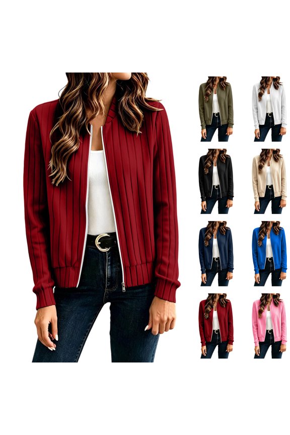 Women Ribbed Knit Cardigan Jacket Vertical Rib Knit Zip Cardigan Long Sleeve Crew Neck Cropped Knit Sweater Jacket S