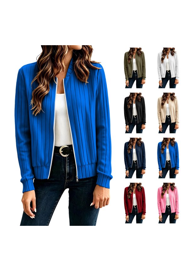Women Ribbed Knit Cardigan Jacket Vertical Rib Knit Zip Cardigan Long Sleeve Crew Neck Cropped Knit Sweater Jacket S