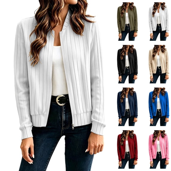 Women Ribbed Knit Cardigan Jacket Vertical Rib Knit Zip Cardigan Long Sleeve Crew Neck Cropped Knit Sweater Jacket S