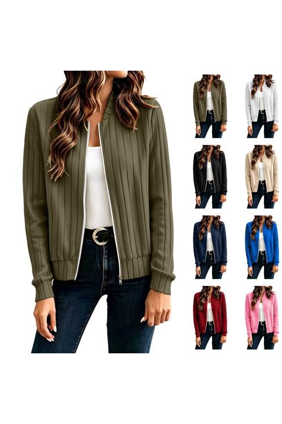 Women Ribbed Knit Cardigan Jacket Vertical Rib Knit Zip Cardigan Long Sleeve Crew Neck Cropped Knit Sweater Jacket S