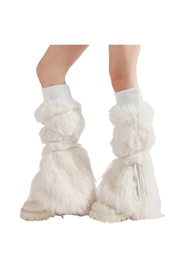 Women Ribbed Knit Cuffs Fuzzy Leg Warmers Boot Covers Aesthetic Tie Bandage Furry Plush Leggings Covers Socks Streetwear