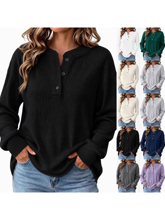 Women Ribbed Knit Henley Top Sevevn Henley Neck Three Button Relaxed Fit Ribbed Knit Fabric Drop Shoulder Long Sleeve Ribbed Cuffs Curved Hem For Daily Wear